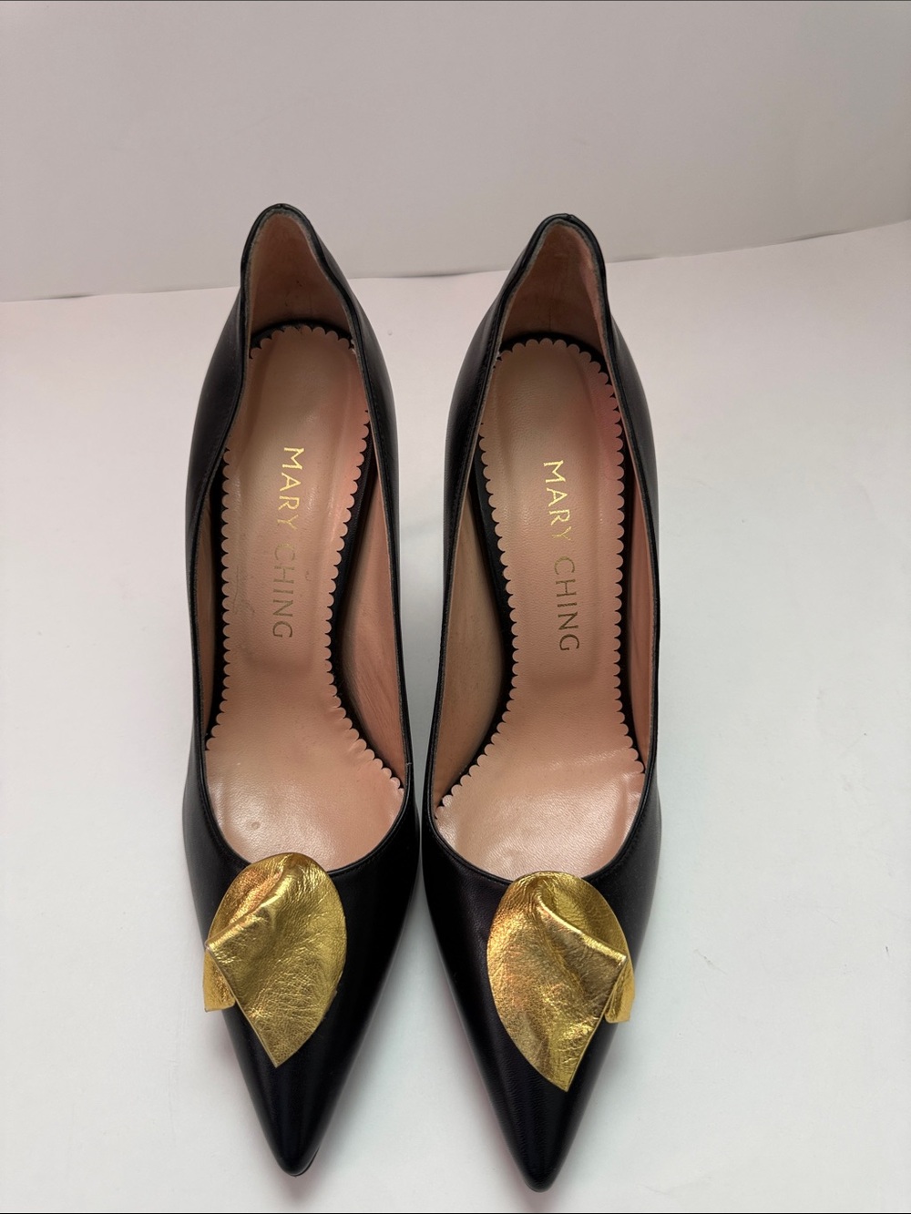 Mary Ching Black Pointed Leather Pumps with Gold Leaf Detail